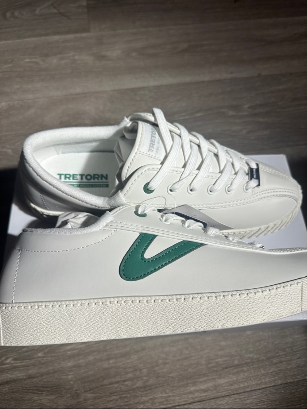 Tretorn White Sneakers with Green V-Stripe